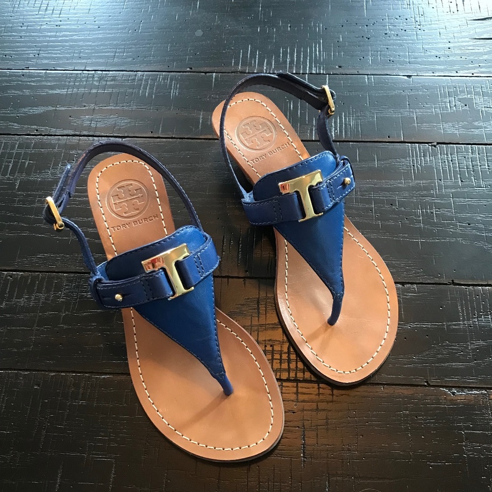 Tory Burch royal blue stacked wedge sandals
